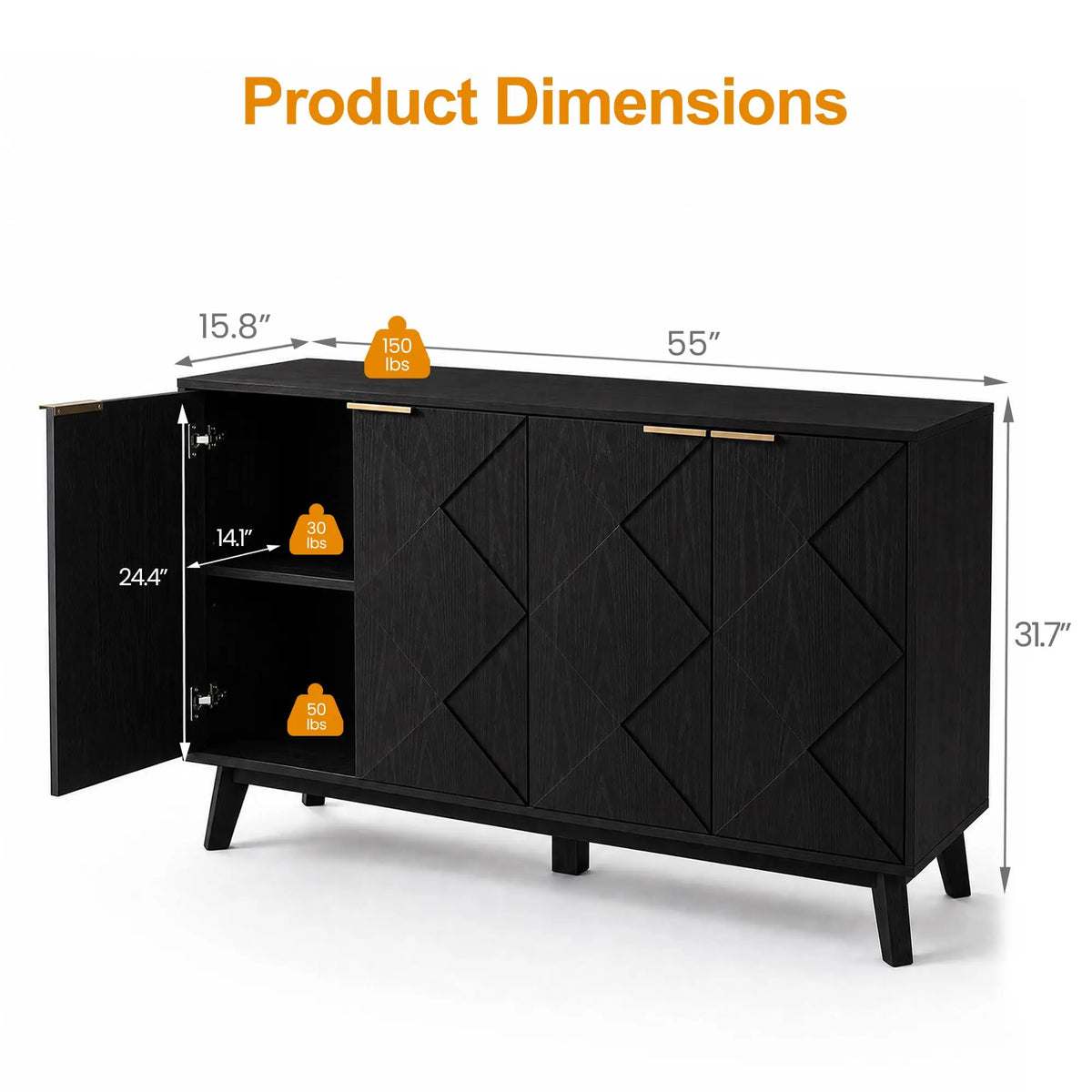 Kitchen Storage Cabinet with 4 Doors, Buffet Cabinet, Black