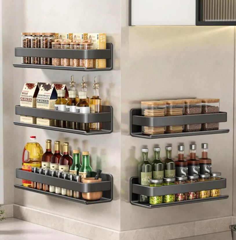 Kitchen Carbon Steel Storage Dish Rack For Seasonings Wall-mounted Multi-functional Hanging Shelf Without Drilling Holes