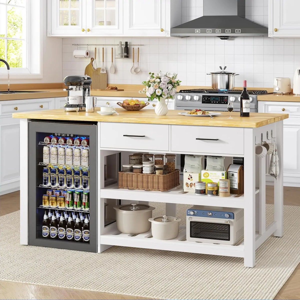 Kitchen Island with Storage and Seating Include Fridge Space, 60" Solid Rubberwood Top Kitchen Island with 2, Customized