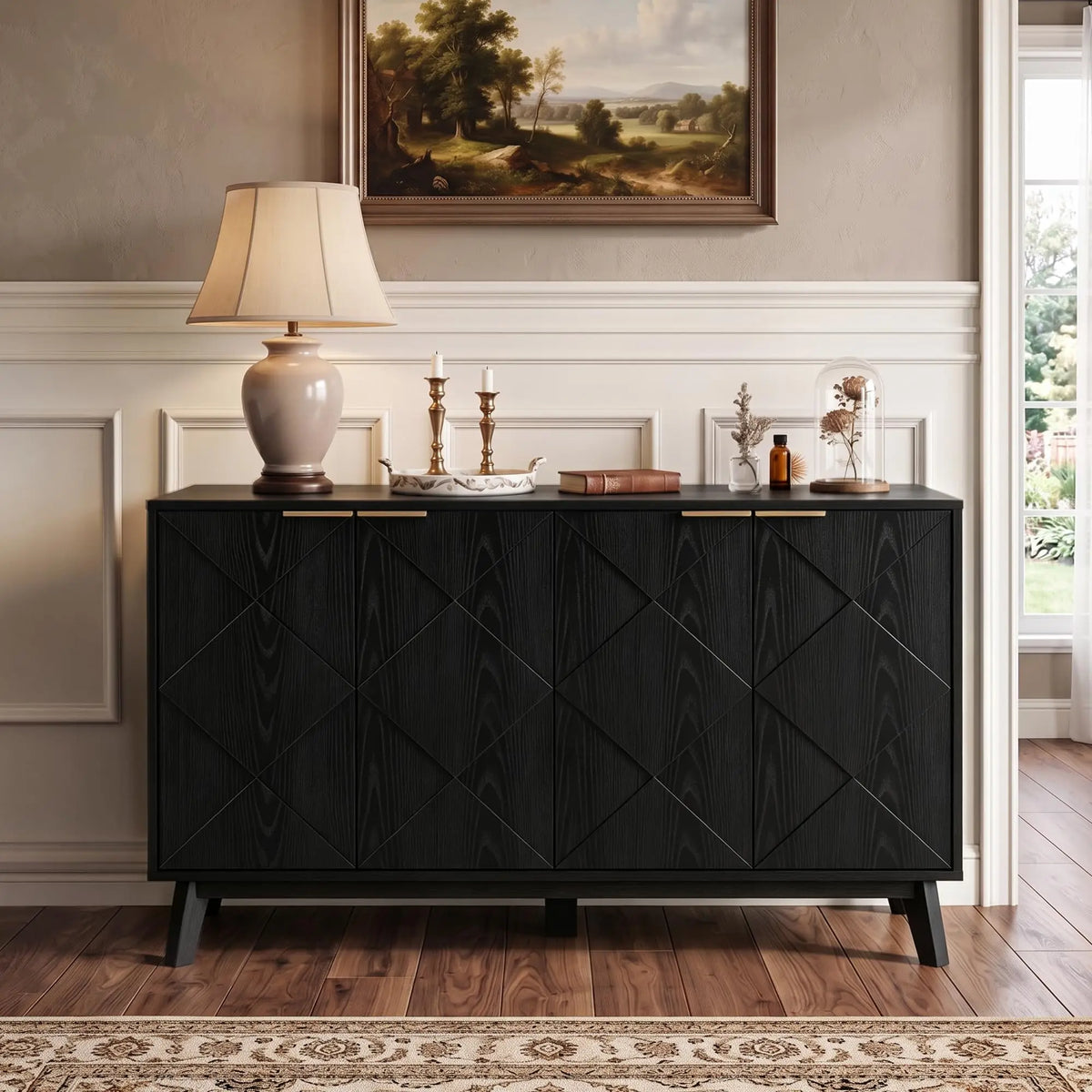 Kitchen Storage Cabinet with 4 Doors, Buffet Cabinet, Black
