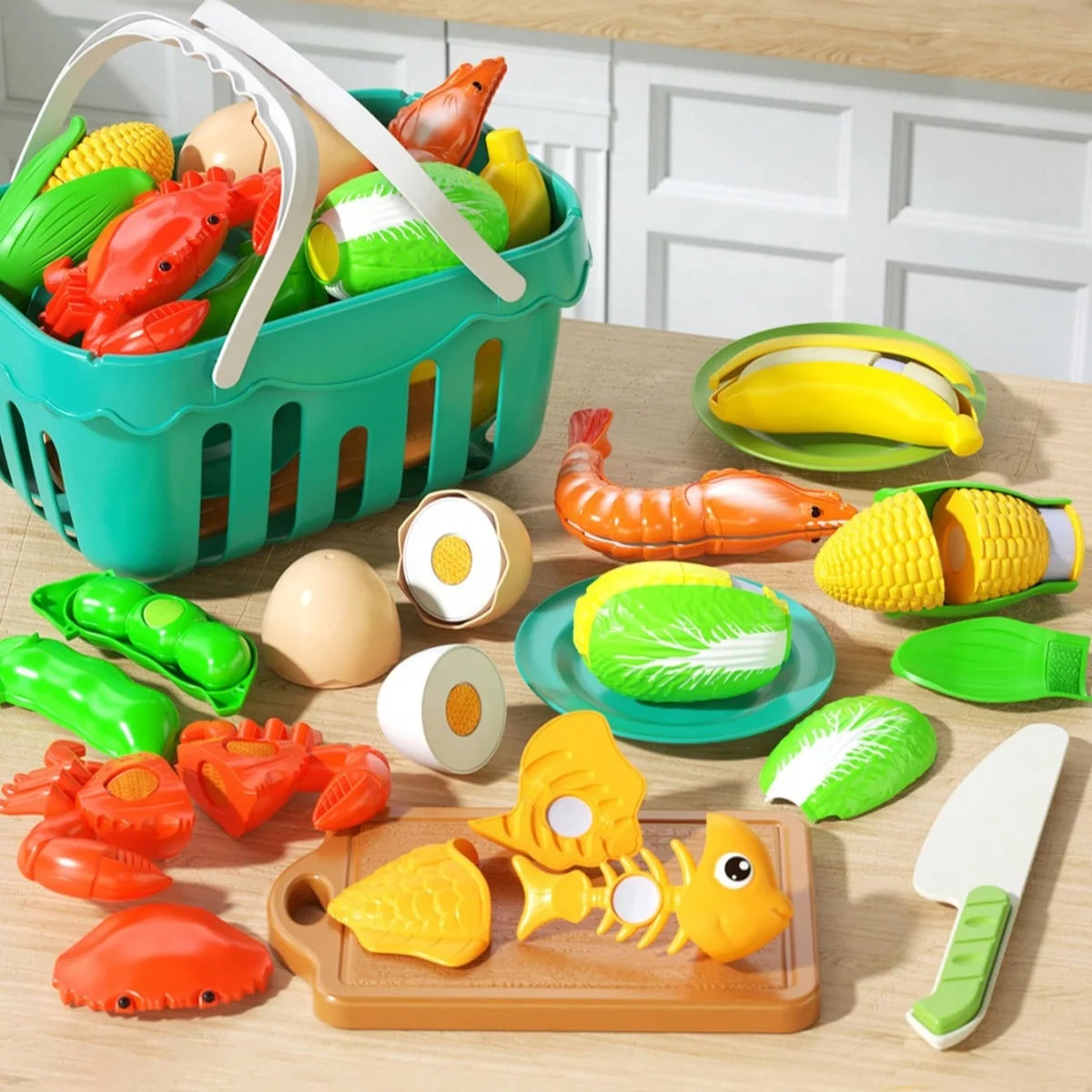 Kitchen Set Cutting Play Food Toys Pretend Cooking Fruit &Vegetables&Fast Food for Toddler&Baby,Educational Gift for Girls Boys