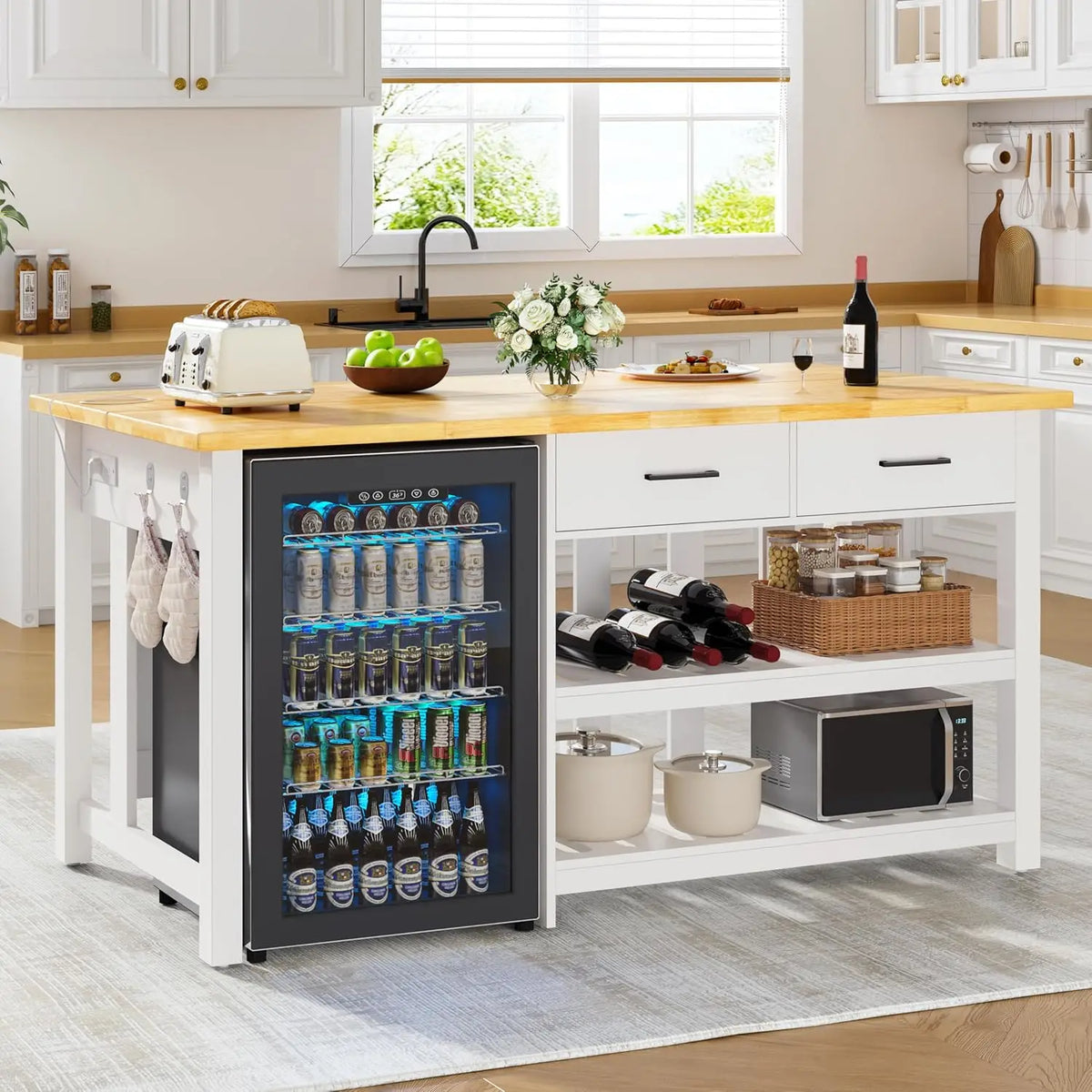 Kitchen Island with Storage and Seating Include Fridge Space, 60" Solid Rubberwood Top Kitchen Island with 2, Customized