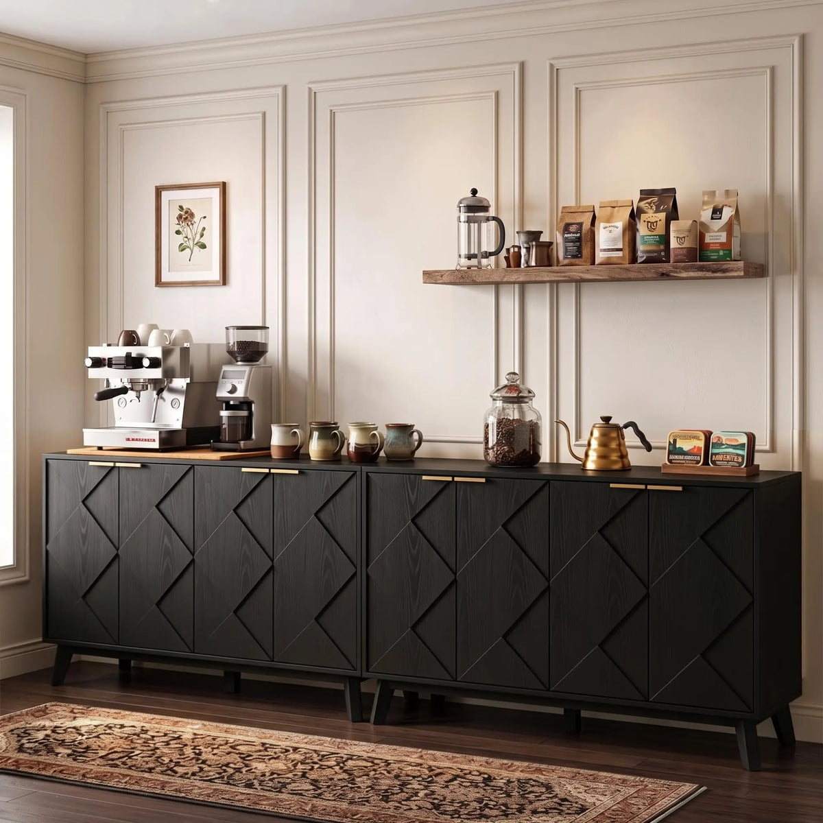 Kitchen Storage Cabinet with 4 Doors, Buffet Cabinet, Black
