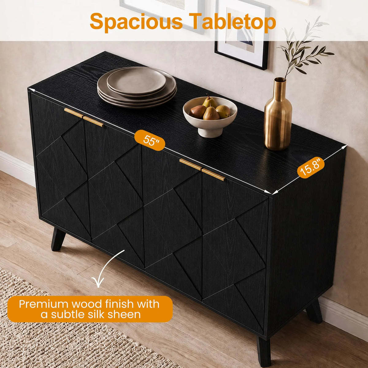 Kitchen Storage Cabinet with 4 Doors, Buffet Cabinet, Black