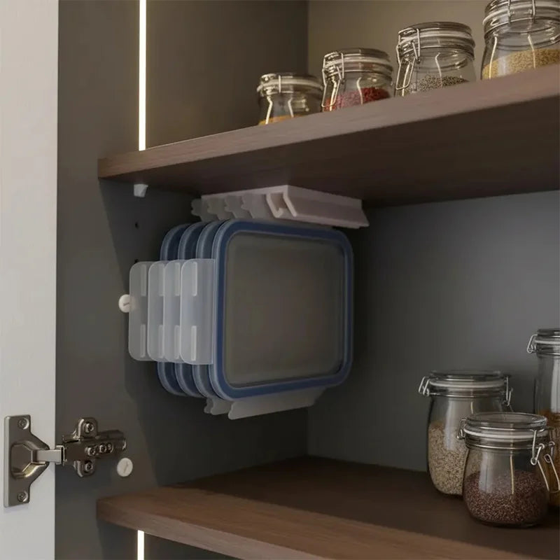 Kitchen Food Container Lid Holder Cabinet Space Saving Organizer Rack Plastic Shelf Hanger Bracket Wall Multi-Slot Sturdy Hook