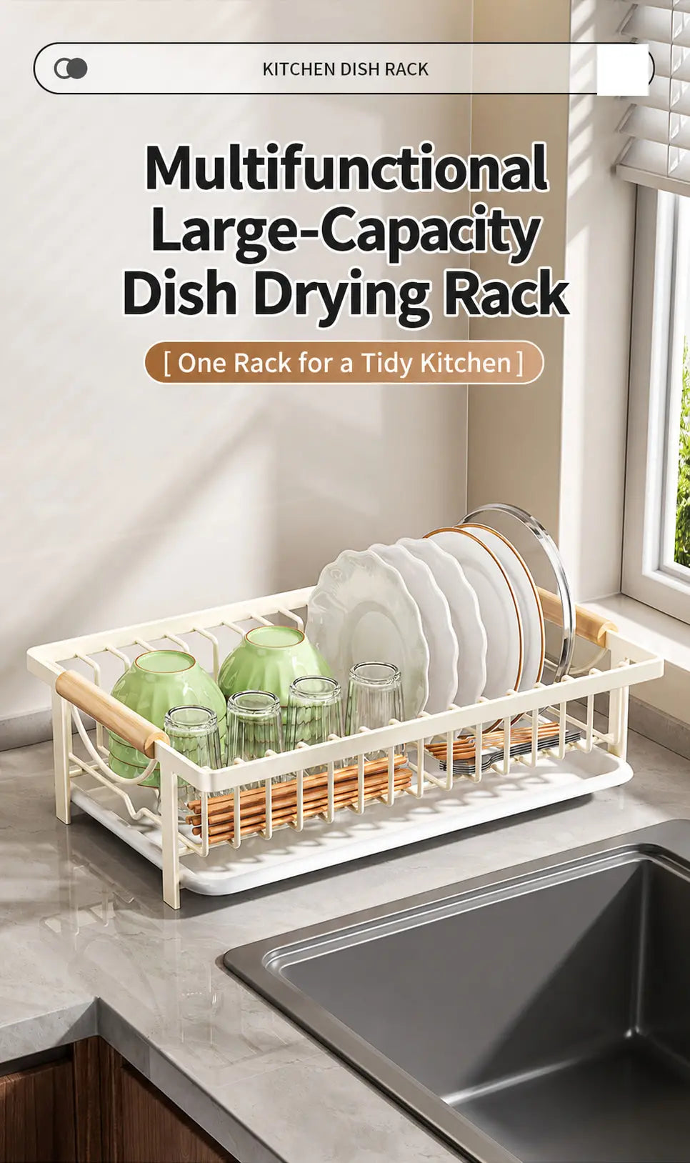 Kitchen Dish Drying Rack, Dish Rack with Drain Tray, Plate Rack, Countertop Organizer for Bowls, Cups, Utensils, Multiple Sizes