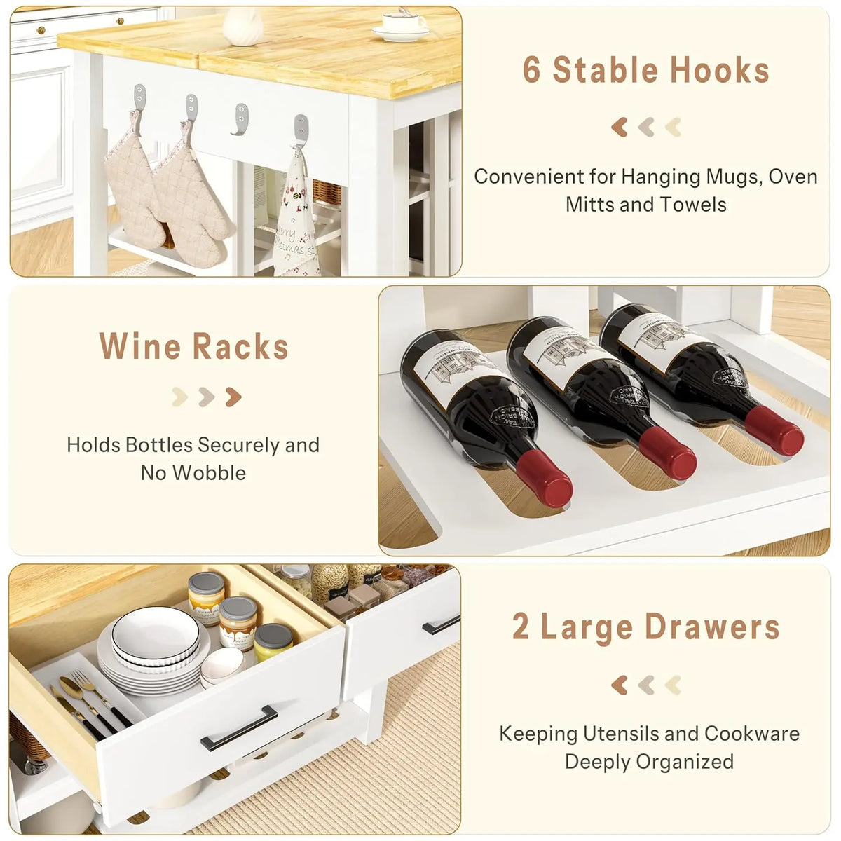 Kitchen Island with Storage and Seating Include Fridge Space, 60" Solid Rubberwood Top Kitchen Island with 2, Customized
