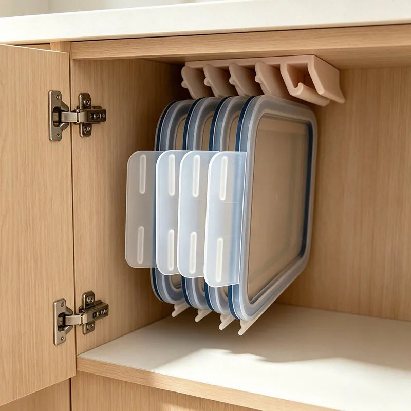 Kitchen Food Container Lid Holder Cabinet Space Saving Organizer Rack Plastic Shelf Hanger Bracket Wall Multi-Slot Sturdy Hook