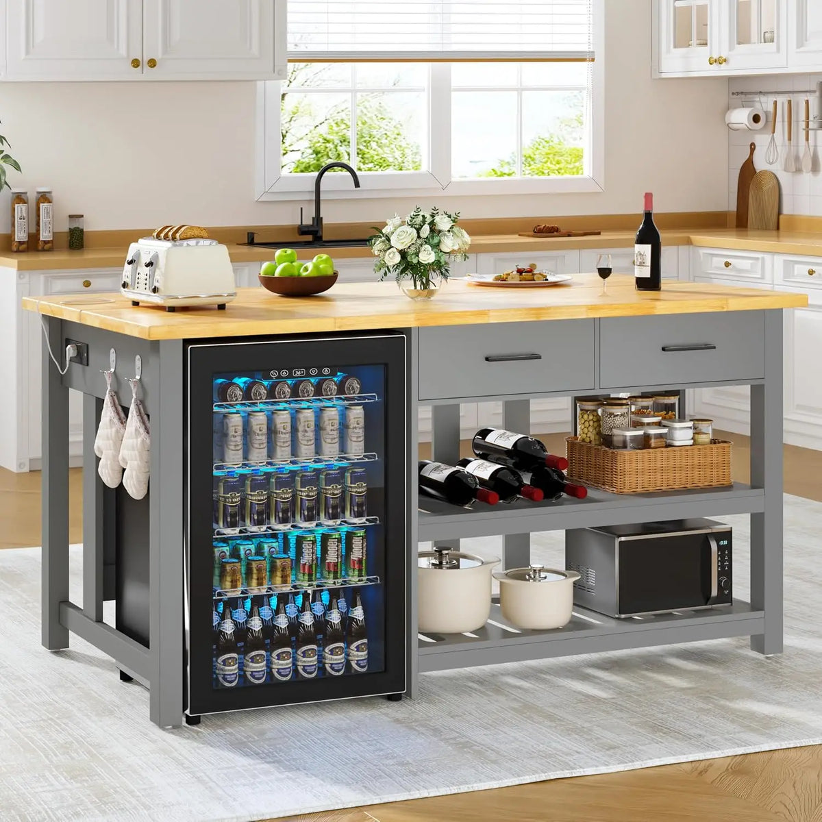 Kitchen Island with Storage and Seating Include Fridge Space, 60" Solid Rubberwood Top Kitchen Island with 2, Customized