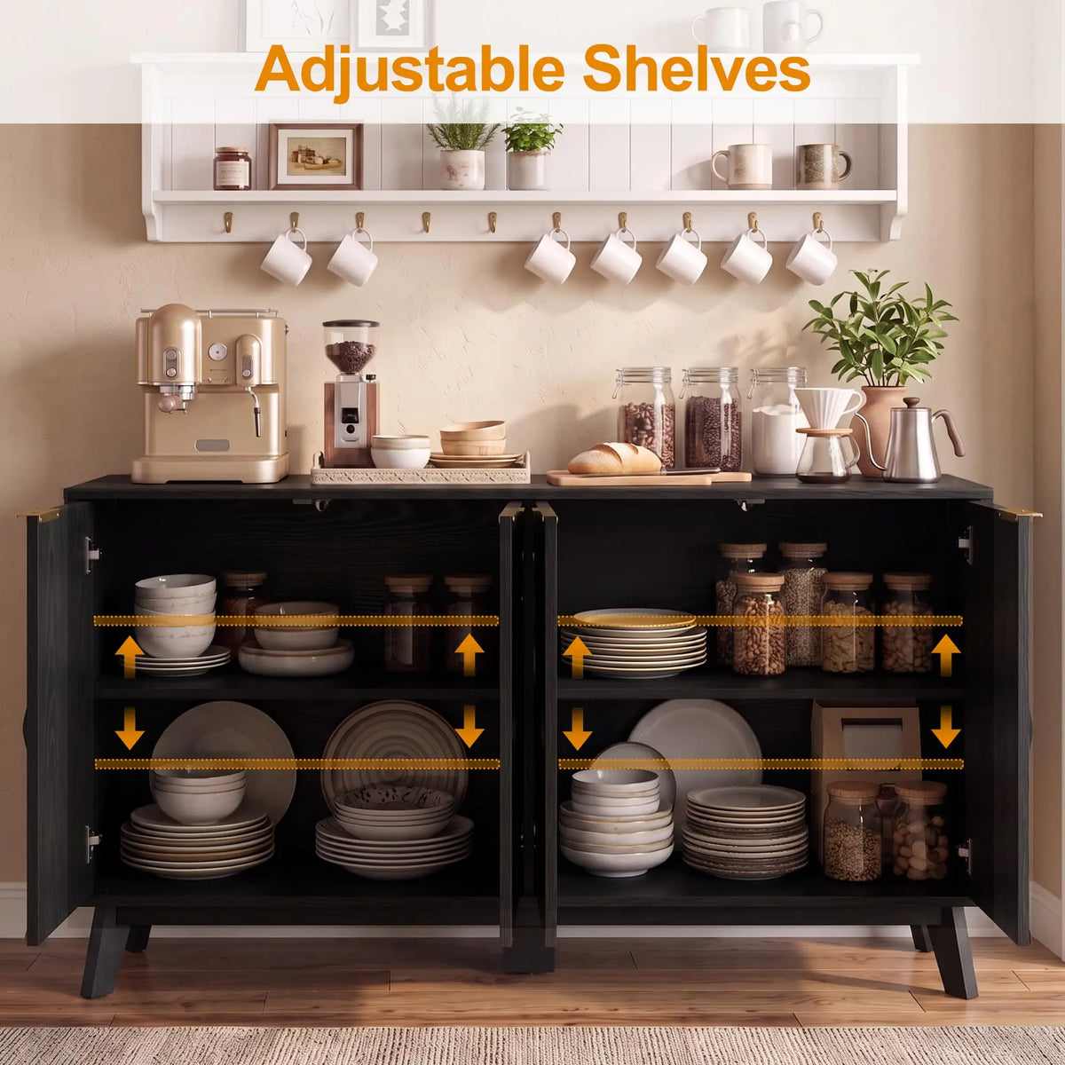 Kitchen Storage Cabinet with 4 Doors, Buffet Cabinet, Black