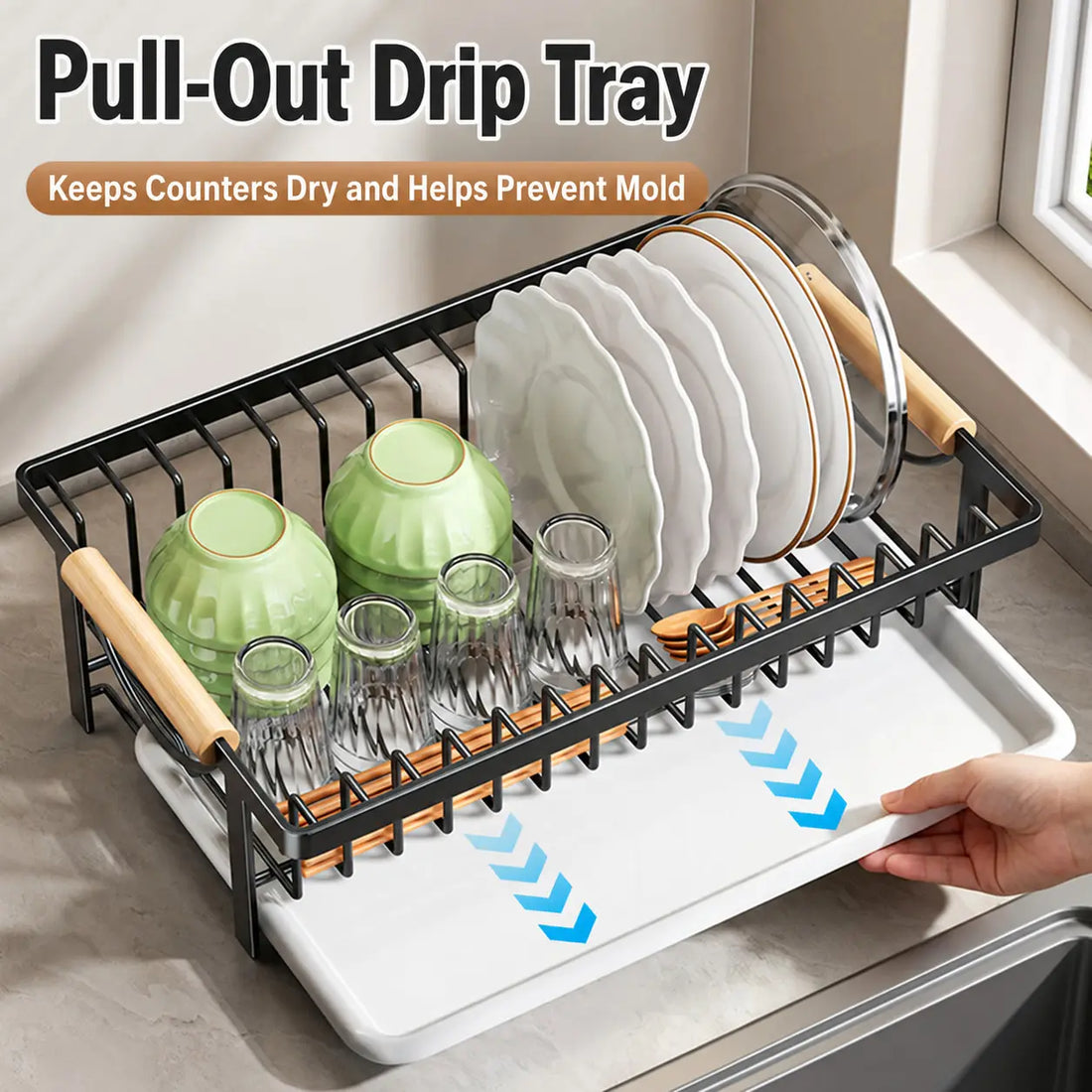 Kitchen Dish Drying Rack, Dish Rack with Drain Tray, Plate Rack, Countertop Organizer for Bowls, Cups, Utensils, Multiple Sizes