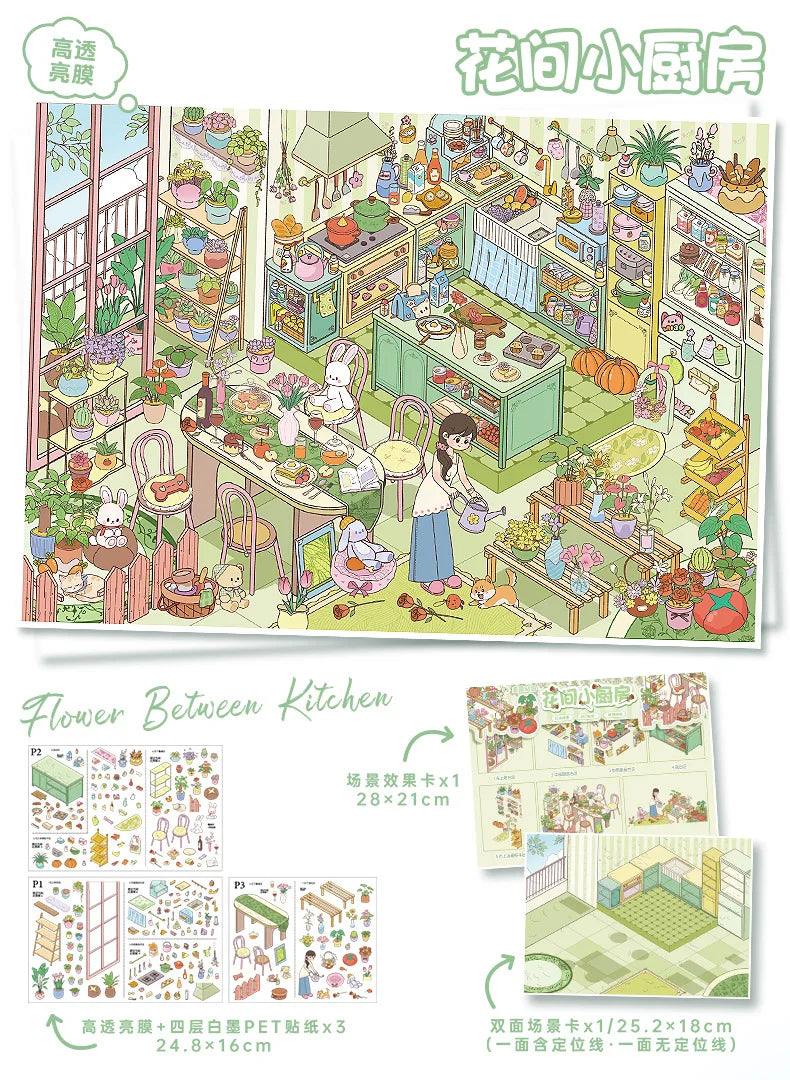 Kawaii The kitchen is busy  3D Game House  Landscape Sticker  DIY Pocket Cabin Scene festival gift