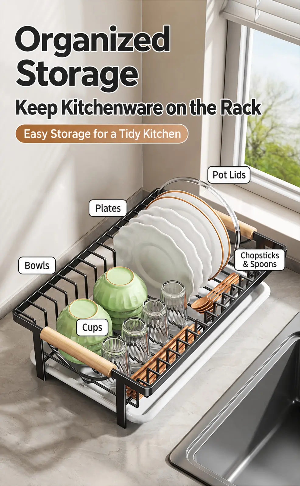 Kitchen Dish Drying Rack, Dish Rack with Drain Tray, Plate Rack, Countertop Organizer for Bowls, Cups, Utensils, Multiple Sizes