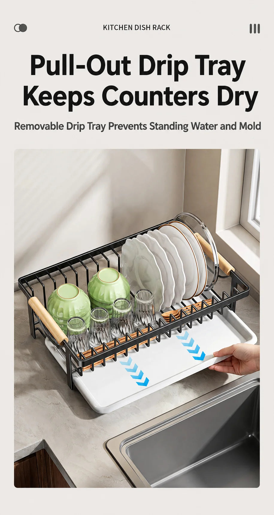 Kitchen Dish Drying Rack, Dish Rack with Drain Tray, Plate Rack, Countertop Organizer for Bowls, Cups, Utensils, Multiple Sizes