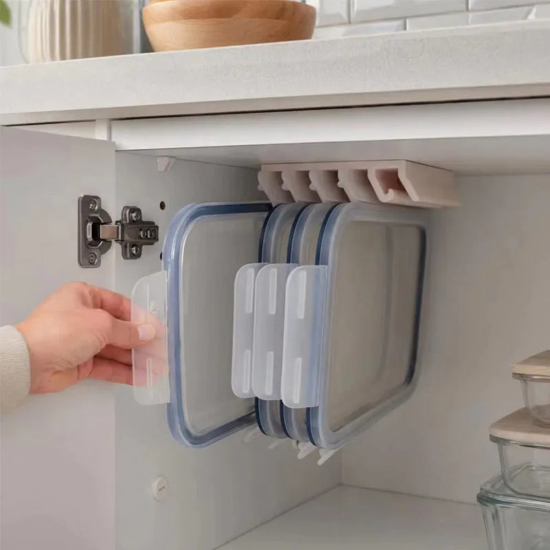 Kitchen Food Container Lid Holder Cabinet Space Saving Organizer Rack Plastic Shelf Hanger Bracket Wall Multi-Slot Sturdy Hook