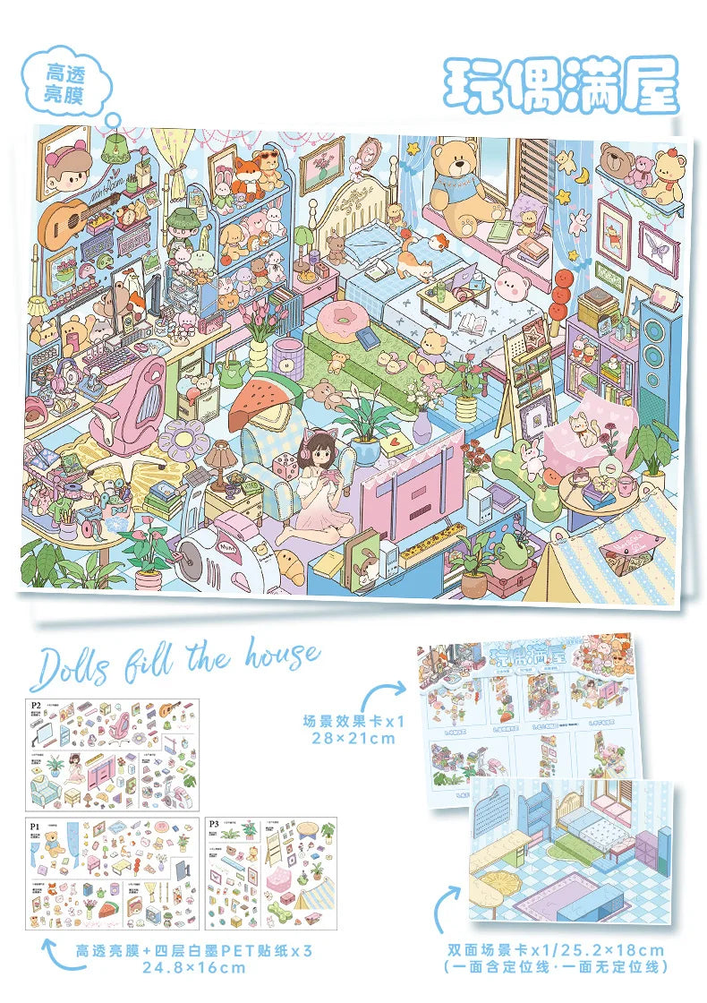 Kawaii The kitchen is busy  3D Game House  Landscape Sticker  DIY Pocket Cabin Scene festival gift