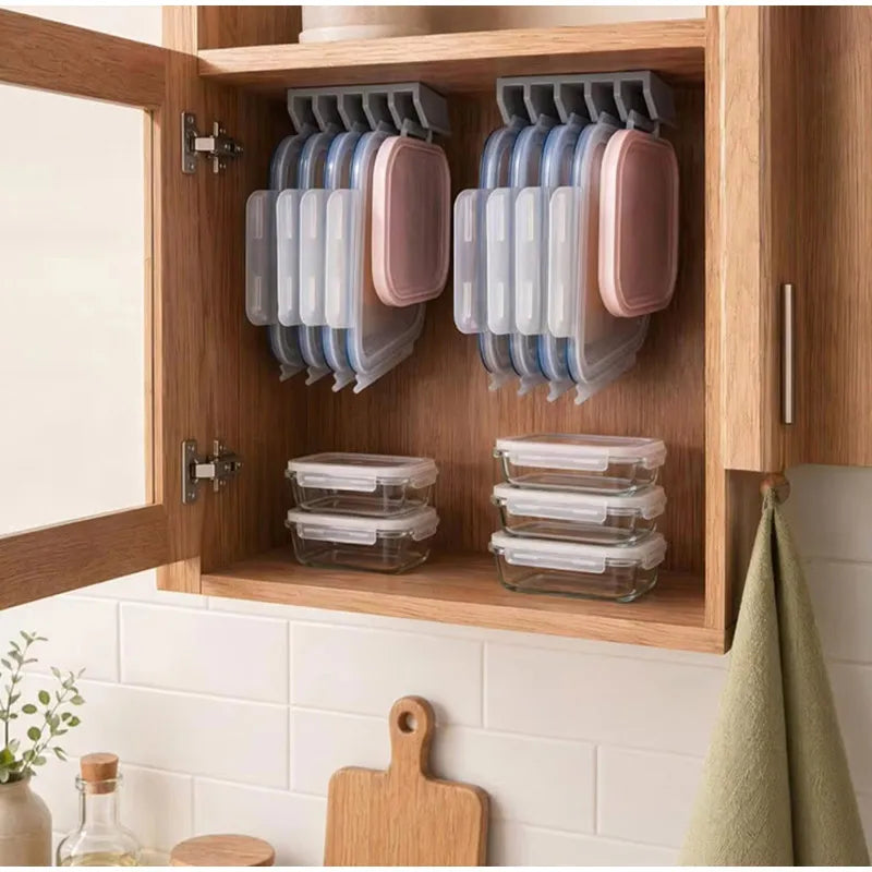 Kitchen Food Container Lid Holder Cabinet Space Saving Organizer Rack Plastic Shelf Hanger Bracket Wall Multi-Slot Sturdy Hook