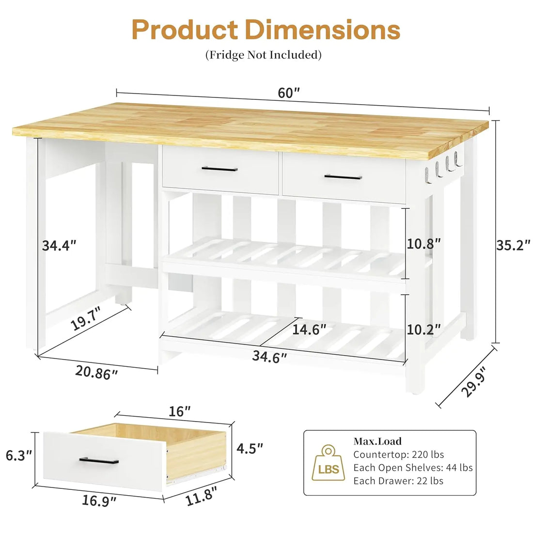 Kitchen Island with Storage and Seating Include Fridge Space, 60" Solid Rubberwood Top Kitchen Island with 2, Customized