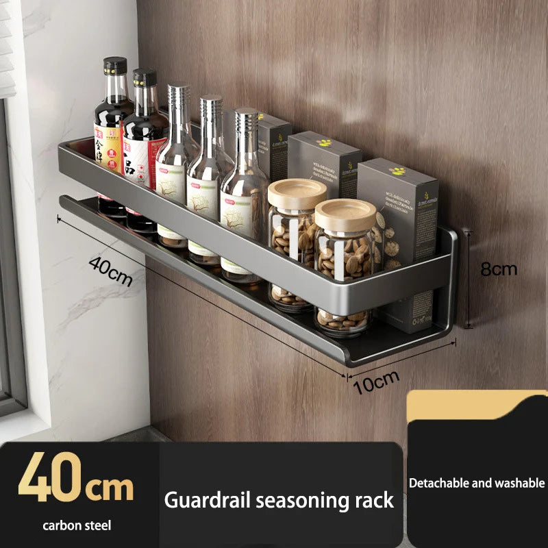 Kitchen Carbon Steel Storage Dish Rack For Seasonings Wall-mounted Multi-functional Hanging Shelf Without Drilling Holes