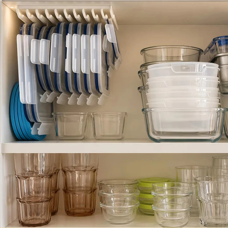 Kitchen Food Container Lid Holder Cabinet Space Saving Organizer Rack Plastic Shelf Hanger Bracket Wall Multi-Slot Sturdy Hook