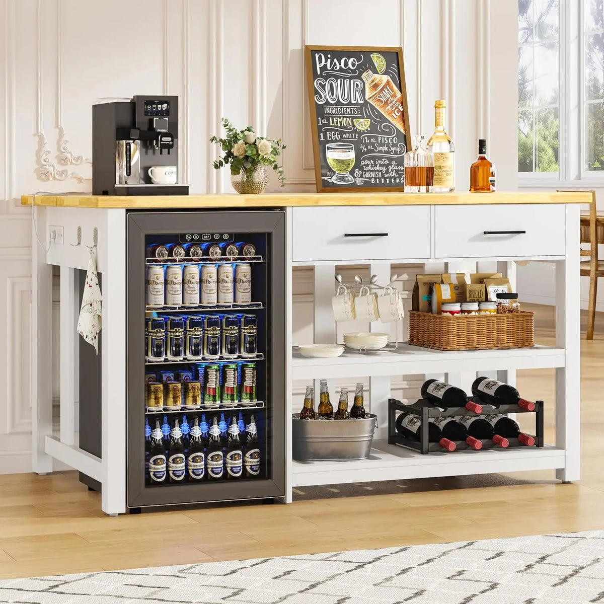 Kitchen Island with Storage and Seating Include Fridge Space, 60" Solid Rubberwood Top Kitchen Island with 2, Customized