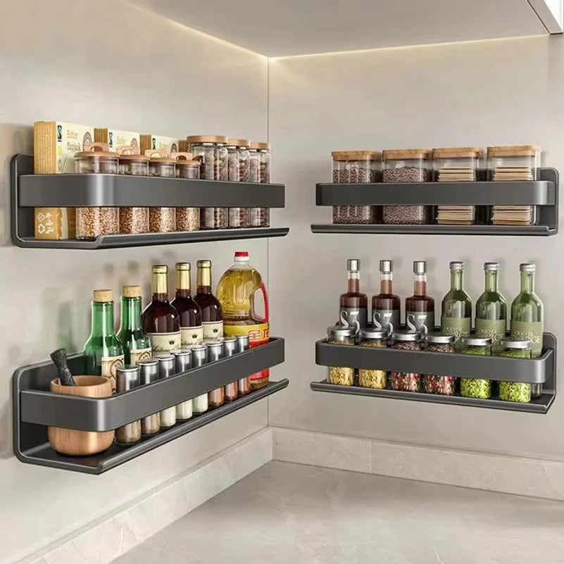 Kitchen Carbon Steel Storage Dish Rack For Seasonings Wall-mounted Multi-functional Hanging Shelf Without Drilling Holes