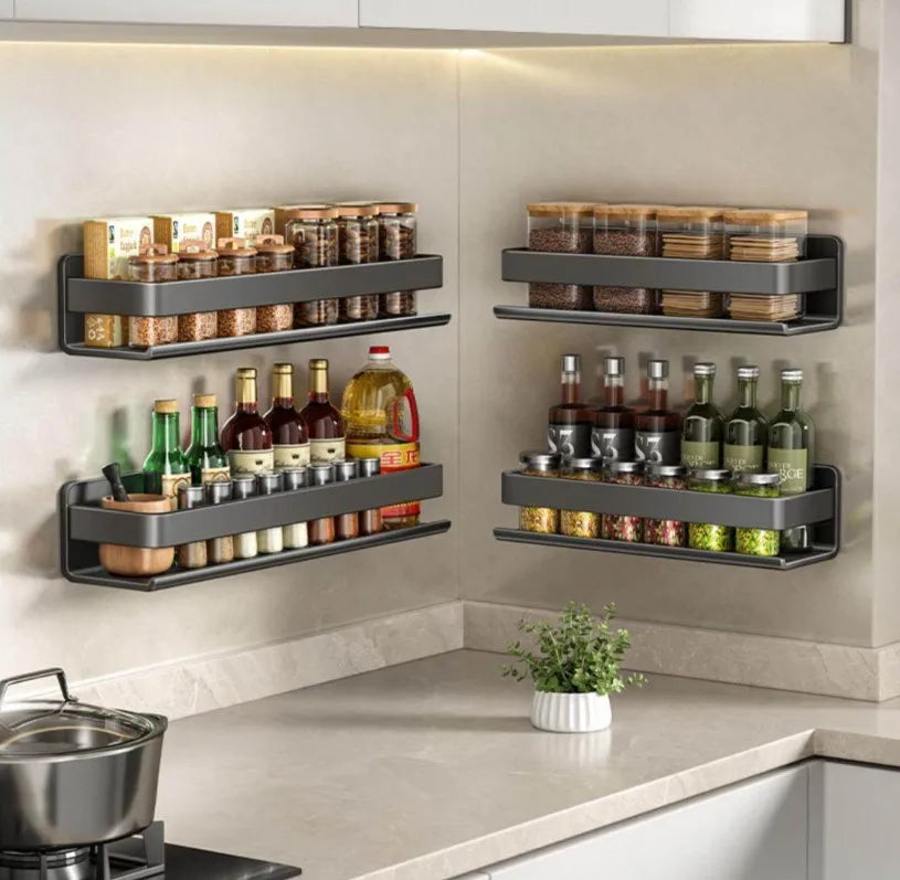 Kitchen Carbon Steel Storage Dish Rack For Seasonings Wall-mounted Multi-functional Hanging Shelf Without Drilling Holes